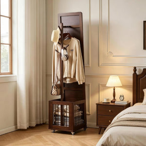 English Elm Solid Hardwood Rolling Garment Stand with Mirror Hooks and Basket Walnut Entryway W5368P515524