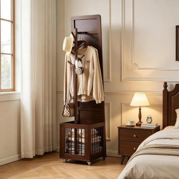 English Elm Solid Hardwood Rolling Garment Stand with Mirror Hooks and Basket Walnut Entryway W5368P515524