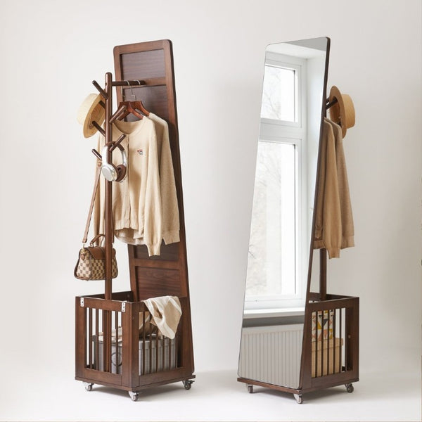 English Elm Solid Hardwood Rolling Garment Stand with Mirror Hooks and Basket Walnut Entryway W5368P515524
