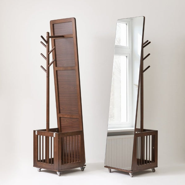 English Elm Solid Hardwood Rolling Garment Stand with Mirror Hooks and Basket Walnut Entryway W5368P515524