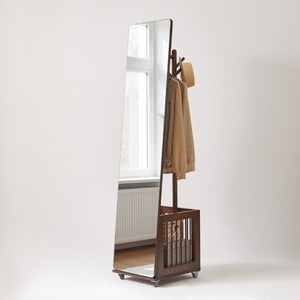English Elm Solid Hardwood Rolling Garment Stand with Mirror Hooks and Basket Walnut Entryway W5368P515524