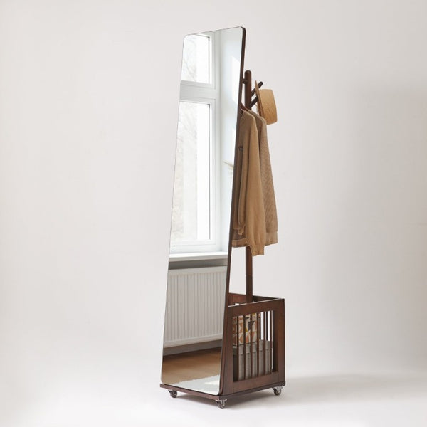 English Elm Solid Hardwood Rolling Garment Stand with Mirror Hooks and Basket Walnut Entryway W5368P515524