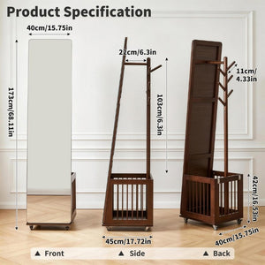 English Elm Solid Hardwood Rolling Garment Stand with Mirror Hooks and Basket Walnut Entryway W5368P515524