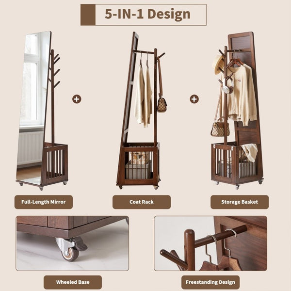 English Elm Solid Hardwood Rolling Garment Stand with Mirror Hooks and Basket Walnut Entryway W5368P515524