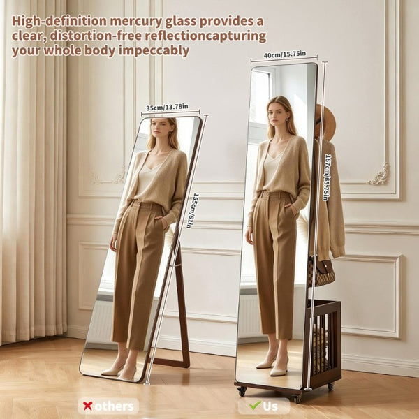 English Elm Solid Hardwood Rolling Garment Stand with Mirror Hooks and Basket Walnut Entryway W5368P515524