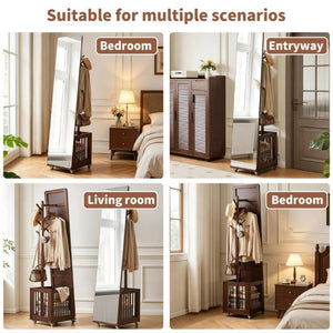 English Elm Solid Hardwood Rolling Garment Stand with Mirror Hooks and Basket Walnut Entryway W5368P515524
