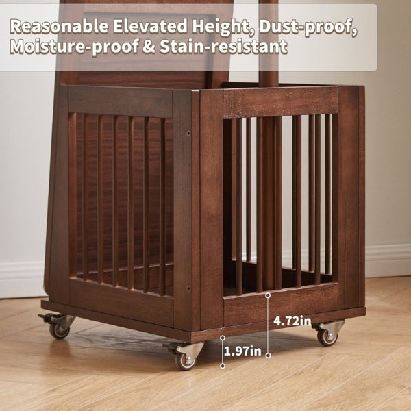 English Elm Solid Hardwood Rolling Garment Stand with Mirror Hooks and Basket Walnut Entryway W5368P515524