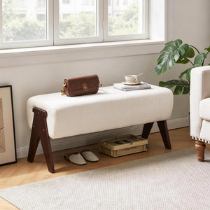 English Elm Modern Chenille Upholstered Bench with Walnut V Legs Foam Seat for Bedroom Entryway White W5368P517794