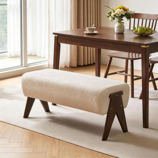 English Elm Modern Chenille Upholstered Bench with Walnut V Legs Foam Seat for Bedroom Entryway White W5368P517794