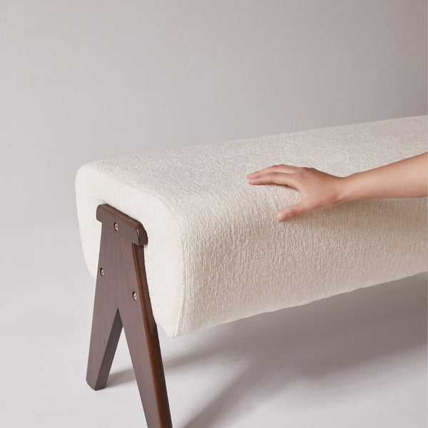 English Elm Modern Chenille Upholstered Bench with Walnut V Legs Foam Seat for Bedroom Entryway White W5368P517794