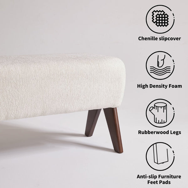 English Elm Modern Chenille Upholstered Bench with Walnut V Legs Foam Seat for Bedroom Entryway White W5368P517794