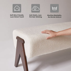 English Elm Modern Chenille Upholstered Bench with Walnut V Legs Foam Seat for Bedroom Entryway White W5368P517794