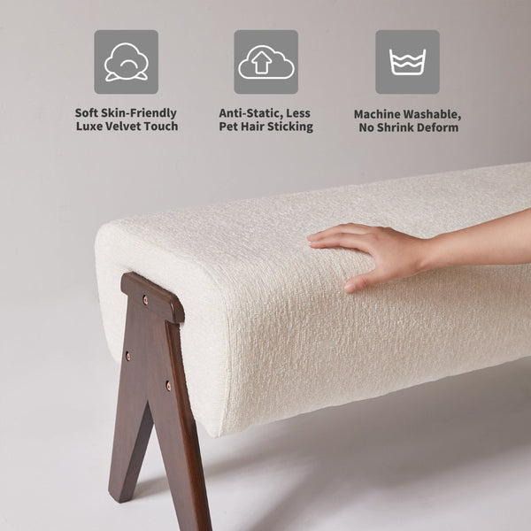 English Elm Modern Chenille Upholstered Bench with Walnut V Legs Foam Seat for Bedroom Entryway White W5368P517794