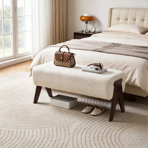 English Elm Modern Chenille Upholstered Bench with Walnut V Legs Foam Seat for Bedroom Entryway White W5368P517794