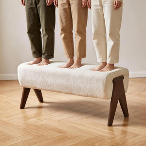 English Elm Modern Chenille Upholstered Bench with Walnut V Legs Foam Seat for Bedroom Entryway White W5368P517794