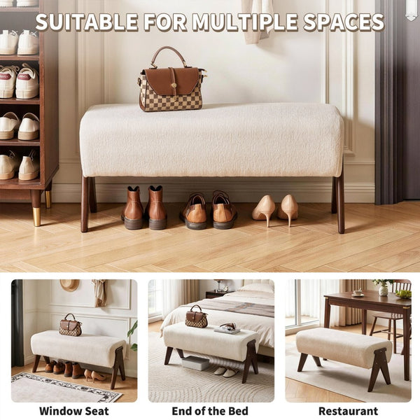 English Elm Modern Chenille Upholstered Bench with Walnut V Legs Foam Seat for Bedroom Entryway White W5368P517794
