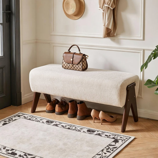 English Elm Modern Chenille Upholstered Bench with Walnut V Legs Foam Seat for Bedroom Entryway White W5368P517794