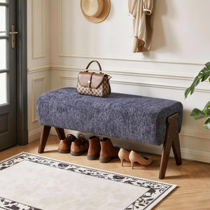 English Elm Modern Chenille Upholstered Bench with Walnut V Legs Foam Seat for Bedroom Entryway Blue W5368P517797