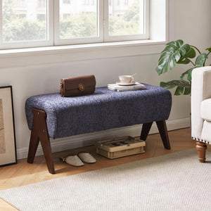 English Elm Modern Chenille Upholstered Bench with Walnut V Legs Foam Seat for Bedroom Entryway Blue W5368P517797