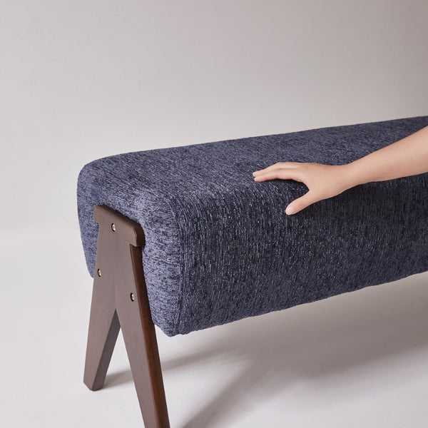 English Elm Modern Chenille Upholstered Bench with Walnut V Legs Foam Seat for Bedroom Entryway Blue W5368P517797