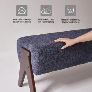 English Elm Modern Chenille Upholstered Bench with Walnut V Legs Foam Seat for Bedroom Entryway Blue W5368P517797