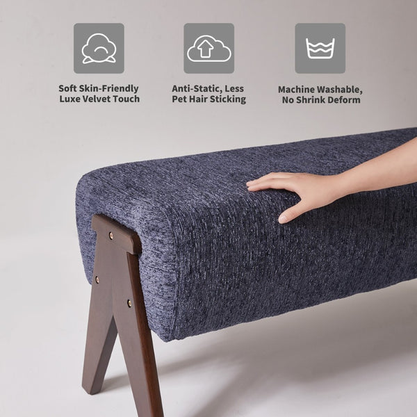 English Elm Modern Chenille Upholstered Bench with Walnut V Legs Foam Seat for Bedroom Entryway Blue W5368P517797