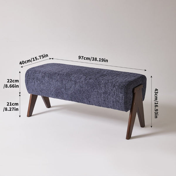 English Elm Modern Chenille Upholstered Bench with Walnut V Legs Foam Seat for Bedroom Entryway Blue W5368P517797