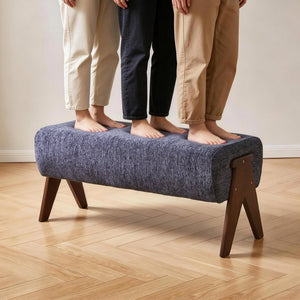 English Elm Modern Chenille Upholstered Bench with Walnut V Legs Foam Seat for Bedroom Entryway Blue W5368P517797
