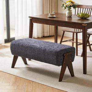 English Elm Modern Chenille Upholstered Bench with Walnut V Legs Foam Seat for Bedroom Entryway Blue W5368P517797