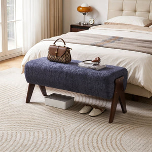 English Elm Modern Chenille Upholstered Bench with Walnut V Legs Foam Seat for Bedroom Entryway Blue W5368P517797