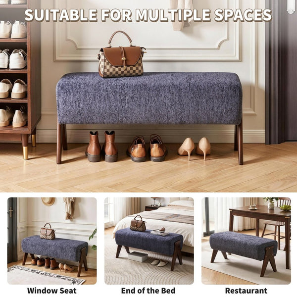 English Elm Modern Chenille Upholstered Bench with Walnut V Legs Foam Seat for Bedroom Entryway Blue W5368P517797