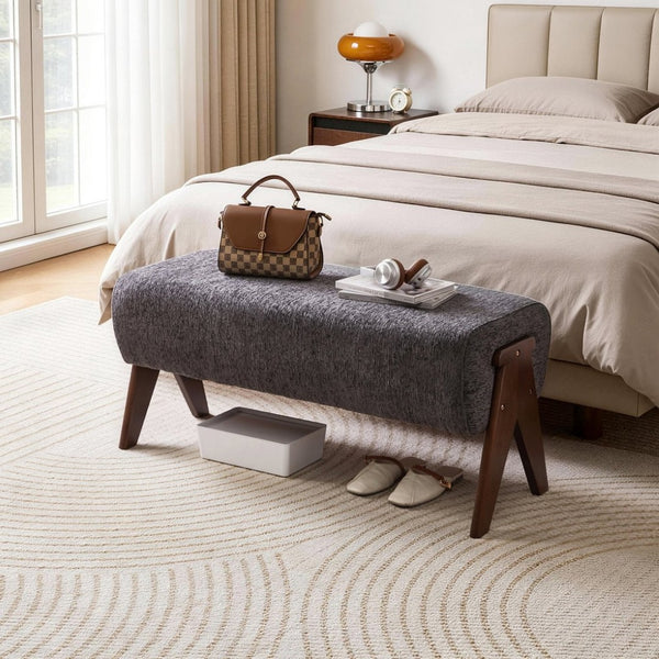 English Elm Modern Chenille Upholstered Bench with Walnut V Legs Foam Seat for Bedroom Entryway Gray W5368P517801