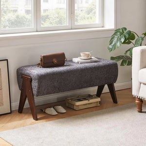 English Elm Modern Chenille Upholstered Bench with Walnut V Legs Foam Seat for Bedroom Entryway Gray W5368P517801