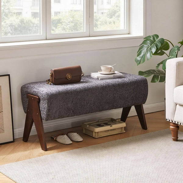 English Elm Modern Chenille Upholstered Bench with Walnut V Legs Foam Seat for Bedroom Entryway Gray W5368P517801