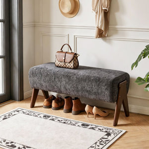 English Elm Modern Chenille Upholstered Bench with Walnut V Legs Foam Seat for Bedroom Entryway Gray W5368P517801