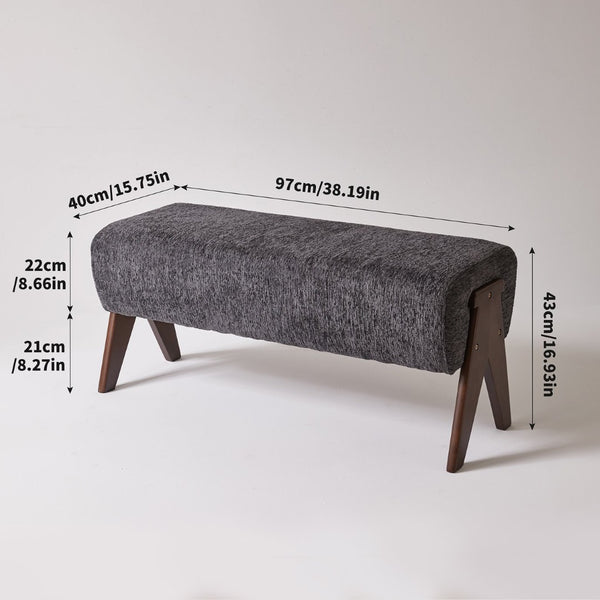 English Elm Modern Chenille Upholstered Bench with Walnut V Legs Foam Seat for Bedroom Entryway Gray W5368P517801