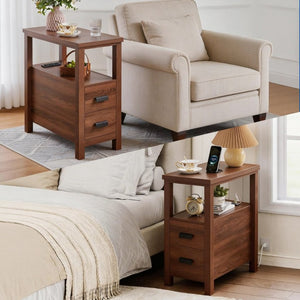 English Elm End Table with Built in USB Charging Drawers Compact Wood Bedside Storage Solution Walnut W5368P523787