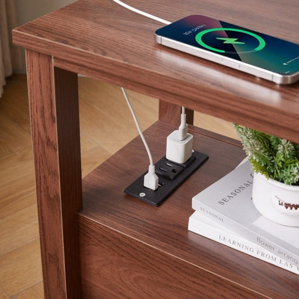 English Elm End Table with Built in USB Charging Drawers Compact Wood Bedside Storage Solution Walnut W5368P523787
