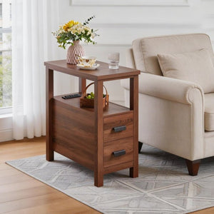 English Elm End Table with Built in USB Charging Drawers Compact Wood Bedside Storage Solution Walnut W5368P523787