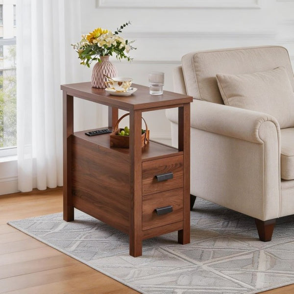 English Elm End Table with Built in USB Charging Drawers Compact Wood Bedside Storage Solution Walnut W5368P523787