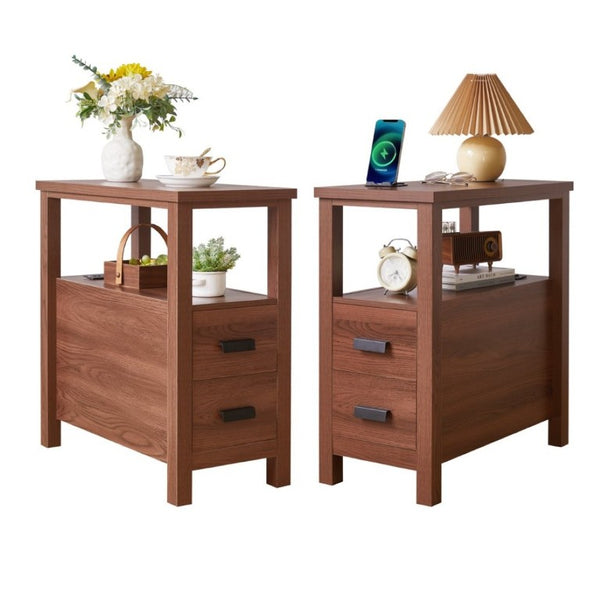 English Elm End Table with Built in USB Charging Drawers Compact Wood Bedside Storage Solution Walnut W5368P523787