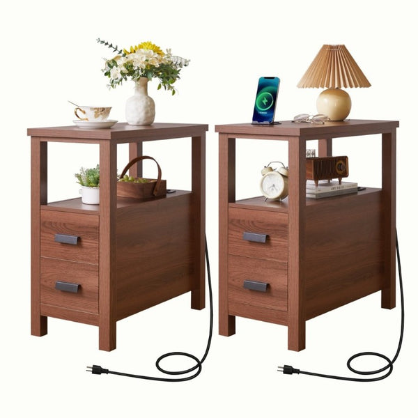 English Elm End Table with Built in USB Charging Drawers Compact Wood Bedside Storage Solution Walnut W5368P523787