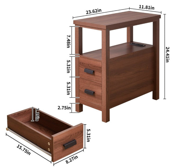 English Elm End Table with Built in USB Charging Drawers Compact Wood Bedside Storage Solution Walnut W5368P523787