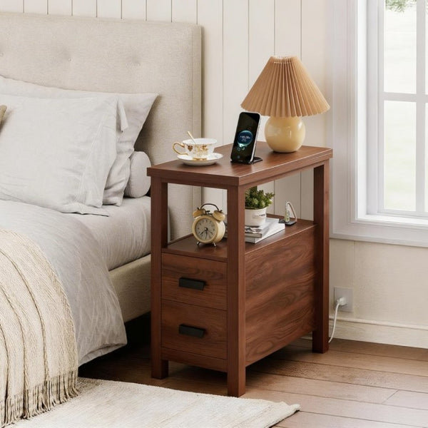 English Elm End Table with Built in USB Charging Drawers Compact Wood Bedside Storage Solution Walnut W5368P523787