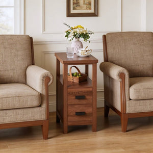 English Elm End Table with Built in USB Charging Drawers Compact Wood Bedside Storage Solution Walnut W5368P523787