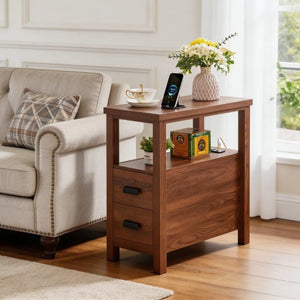 English Elm End Table with Built in USB Charging Drawers Compact Wood Bedside Storage Solution Walnut W5368P523787