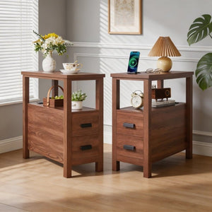 English Elm End Table with Built in USB Charging Drawers Compact Wood Bedside Storage Solution Walnut W5368P523787