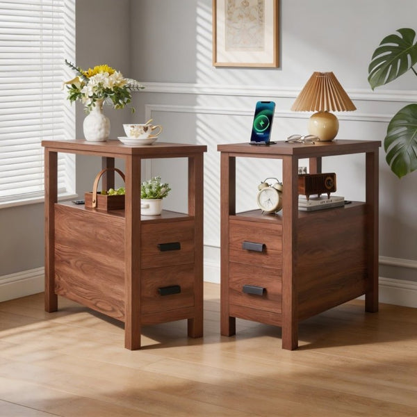 English Elm End Table with Built in USB Charging Drawers Compact Wood Bedside Storage Solution Walnut W5368P523787