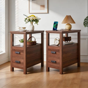 English Elm End Table with Built in USB Charging Drawers Compact Wood Bedside Storage Solution Walnut W5368P523787