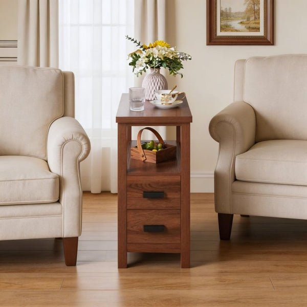 English Elm End Table with Built in USB Charging Drawers Compact Wood Bedside Storage Solution Walnut W5368P523787